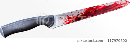 Kitchen knife with red blood stains on an isolated white background. Kitchen knife with red blood stains on an isolated white background. 117970800