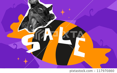 Pinscher dog peeking out from Halloween candy, surrounded by the word SALE in vibrant purple and orange background. Halloween shopping. Vector illustration. Pinscher dog peeking out from Halloween candy, surrounded by the word SALE in vibrant purple and orange background. Halloween shopping. Vector illustration. 117970860