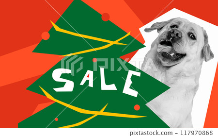 Playful Labrador dog with Christmas tree, and word SALE, ideal for promoting Black Friday shopping deals. Vector illustration. 117970868