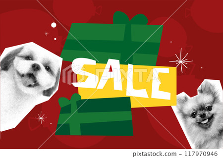 Two adorable dogs, Shih Tzu and Pomeranian, framed by festive gift boxes and word SALE in vibrant red and green background. Vector illustration. 117970946