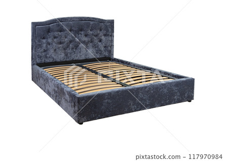 Gray double bed with wooden base without mattress. Gray double bed with wooden base without mattress. 117970984