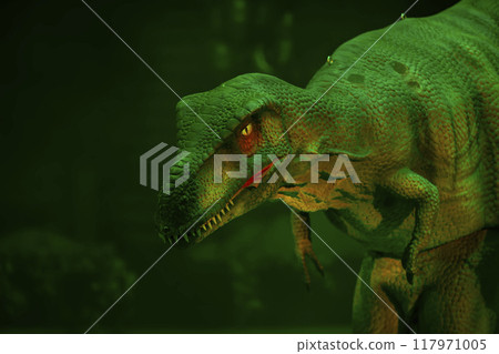 Green prehistoric dinosaur mannequin in mystical light. Green prehistoric dinosaur mannequin in mystical light. 117971005