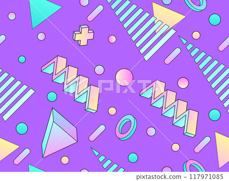Geometric seamless pattern with 3d shapes in 80s style. Colorful gradient geometric pattern in isometric style. Design of promotional products, wrapping paper and printing. Vector illustration Geometric seamless pattern with 3d shapes in 80s style. Colorful gradient geometric pattern in isometric style. Design of promotional products, wrapping paper and printing. Vector illustration 117971085