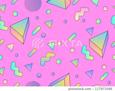 Geometric seamless pattern with 3d shapes in 80s style. Colorful gradient geometric pattern in isometric style. Design of promotional products, wrapping paper and printing. Vector illustration 117971086