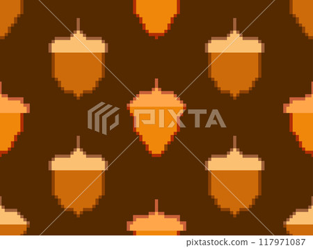 Acorns seamless pattern in pixel art style. 8-bit acorn in pixel style of retro graphics of the 80s. Trend design for printing, wrapping paper and advertising. Vector illustration Acorns seamless pattern in pixel art style. 8-bit acorn in pixel style of retro graphics of the 80s. Trend design for printing, wrapping paper and advertising. Vector illustration 117971087