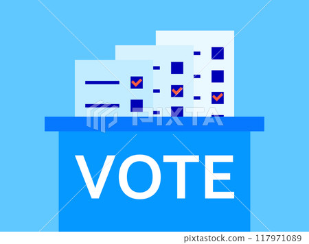 Ballot papers and ballot box in minimalist style. Elections, ballot box with the word "Vote". Voting process. Design for brochure, promotional products and campaigning. Vector illustration Ballot papers and ballot box in minimalist style. Elections, ballot box with the word "Vote". Voting process. Design for brochure, promotional products and campaigning. Vector illustration 117971089