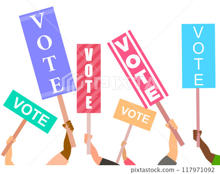 Hands holding placards with the word "vote". Election support group. Voter support, crowd with posters. Election campaign, agitation. Design for banners and posters. Vector illustration 117971092
