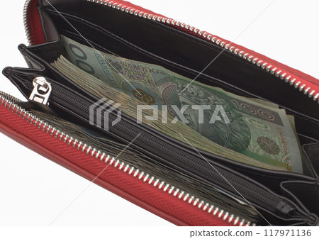 Bundle of Polish 100 Zloty Notes on Brown Leather Wallet Bundle of Polish 100 Zloty Notes on Brown Leather Wallet 117971136