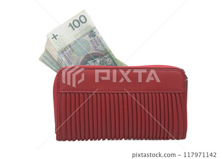 Red Wallet with Polish Banknotes Partially Visible 117971142