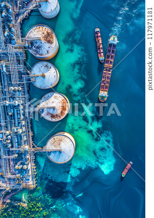 Aerial view of an oil terminal storage tank 117971181