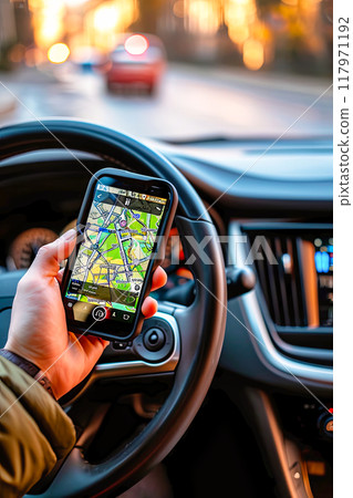 A person searches for a destination direction using a mobile phone. A person searches for a destination direction using a mobile phone. 117971192
