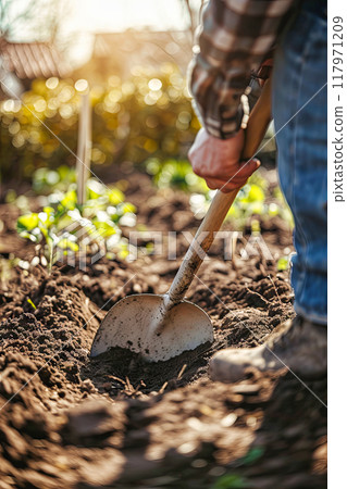 Man Digging in Garden With Shovel 117971209