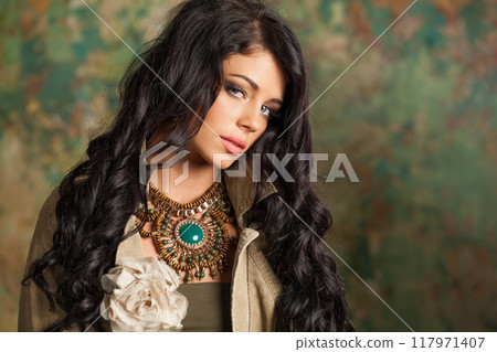 Glorious fashion model woman with healthy long hairstyle and trendy make-up. Glorious fashion model woman with healthy long hairstyle and trendy make-up. 117971407