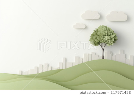 A single tree on a gently rolling green hill and skyscrapers in the distance 117971438