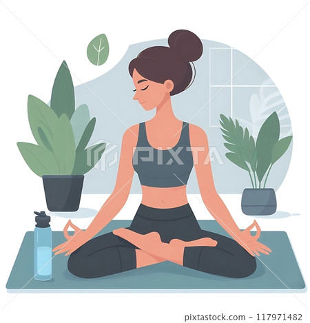 Woman doing yoga in nature. Concept illustration for yoga, meditation, relaxation, healthy lifestyle. Pastel shades. illustration, flat style  117971482