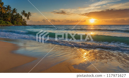 Beautiful sunset over the sea with a view at coconut palms on the white beach. AI Generative 117971627