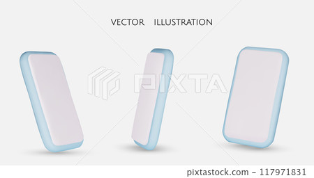 Set of blue different angles of smartphone in 3d render with screen, isolated white background, vector illustration Set of blue different angles of smartphone in 3d render with screen, isolated white background, vector illustration 117971831