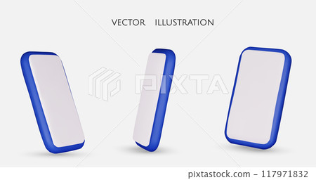 Set of blue different angles of smartphone in 3d render with screen, isolated white background, vector illustration Set of blue different angles of smartphone in 3d render with screen, isolated white background, vector illustration 117971832