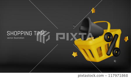 3d realistic black friday lettering with megaphone elements on black background, holiday sale banner template, vector illustration. 117971868