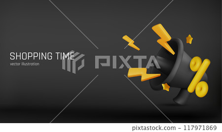3d realistic black friday lettering with megaphone elements on black background, holiday sale banner template, vector illustration. 3d realistic black friday lettering with megaphone elements on black background, holiday sale banner template, vector illustration. 117971869