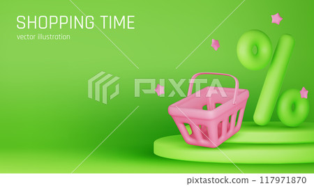 3D shopping basket with percentage symbol isolated. Render realistic shopping cart and colorful percent sign. Sale discount or clearance. Online or retail shopping. Vector illustration 3D shopping basket with percentage symbol isolated. Render realistic shopping cart and colorful percent sign. Sale discount or clearance. Online or retail shopping. Vector illustration 117971870
