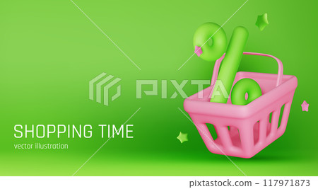 3D shopping basket with percentage symbol isolated. Render realistic shopping cart and colorful percent sign. Sale discount or clearance. Online or retail shopping. Vector illustration 117971873