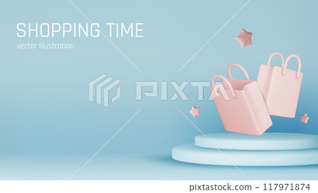 Sale background. 3D blue podium. Product exhibition. Discount percent. Shopping offer. Shop promotion. Glowing showcase. Vector banner design 117971874