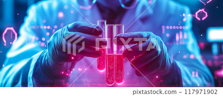 A scientist holds medical testing tubes or vials, focused on pharmaceutical research. The concept is scientific innovation and the pursuit of breakthroughs in medicine. Generative AI. A scientist holds medical testing tubes or vials, focused on pharmaceutical research. The concept is scientific innovation and the pursuit of breakthroughs in medicine. Generative AI. 117971902