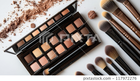 Creative makeup arrangement featuring a palette and brushes for cosmetic application 117972276