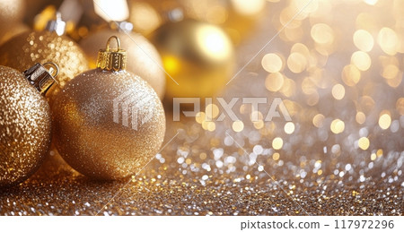 Elegant golden ornaments resting on soft snow with twinkling lights in the background 117972296