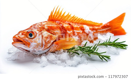Freshly caught orange fish displayed on ice with herbs in a kitchen setting 117972307