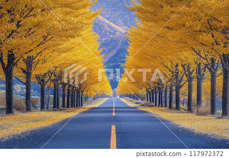 Vibrant autumn path lined with golden trees in a serene rural landscape 117972372