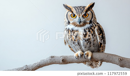 A great gray owl perched on a snow-covered branch in a tranquil winter landscape 117972559