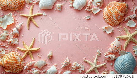 Shells and starfish arranged creatively on a pastel pink background, evoking coastal calmness 117972561