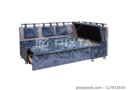 Gray sofa unfolded. Upholstered furniture made of velor fabric. Gray sofa unfolded. Upholstered furniture made of velor fabric. 117972639