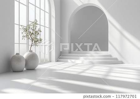 A white room with a window and a vase with a tree in it 117972701