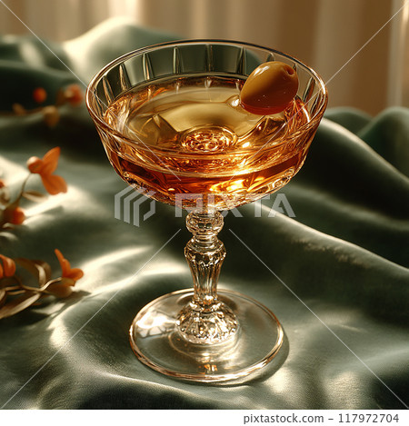A glass of wine with an olive on top 117972704