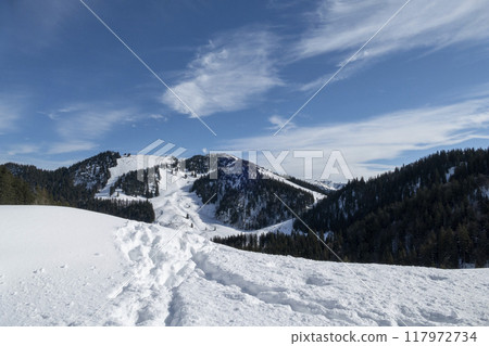 Bodenschneid mountain tour in wintertime, Brecherspitze, Bavaria, Germany 117972734