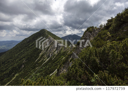 Mountain hiking at Brecherspitze mountain, Bavaria, Germany in summertime Mountain hiking at Brecherspitze mountain, Bavaria, Germany in summertime 117972739
