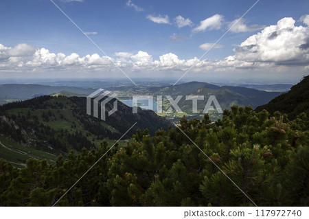Mountain hiking at Brecherspitze mountain, lake Schliersee, Bavaria, Germany in summertime Mountain hiking at Brecherspitze mountain, lake Schliersee, Bavaria, Germany in summertime 117972740