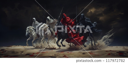 Four Horsemen of the Apocalypse riding fast on a barren landscape 117972782