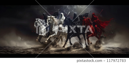Four Horsemen of the Apocalypse riding fast on a barren landscape 117972783