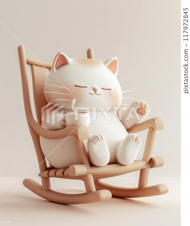 3D cute chubby fluffy cat with a contented expression sitting and chilling on the rocking chair 117972845