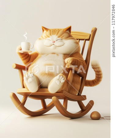 3D cute chubby fluffy cat with a contented expression sitting and chilling on the rocking chair 117972846