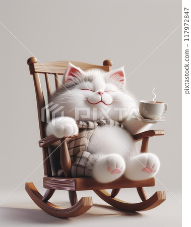 3D cute chubby fluffy cat with a contented expression sitting and chilling on the rocking chair 117972847