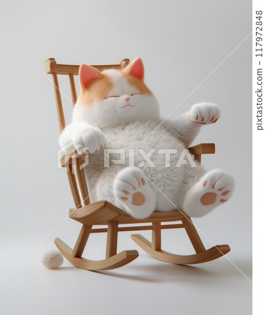 3D cute chubby fluffy cat with a contented expression sitting and chilling on the rocking chair 117972848