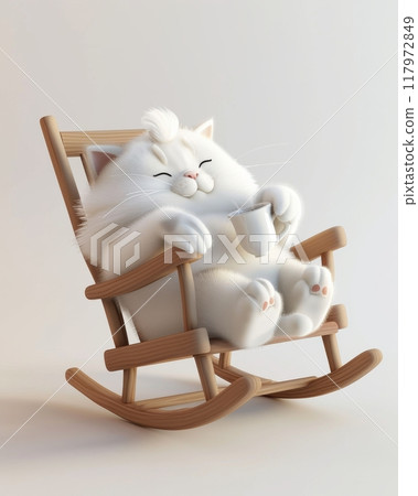 3D cute chubby fluffy cat with a contented expression sitting and chilling on the rocking chair 117972849