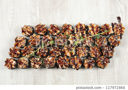 Set of sushi rolls, close-up top view.Japanese food. 117972868
