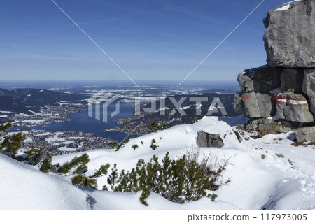 View from Wallberg  mountain to lake Tegernsee, Bavaria, Germany 117973005