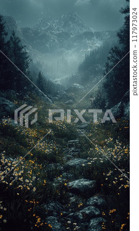 Rocky path leading to snowy mountains under a cloudy sky Rocky path leading to snowy mountains under a cloudy sky 117973024